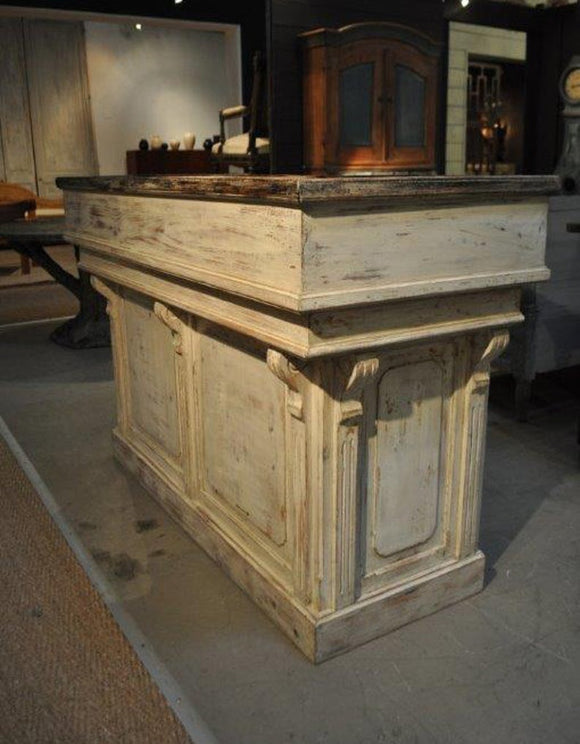Distressed white antique repro counter /bar/reception desk/ hostess station